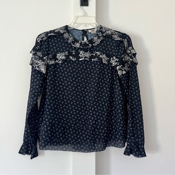 Jason Wu Paisley Ruffle Top Navy Satin sz 4 - Picture 4 of 9